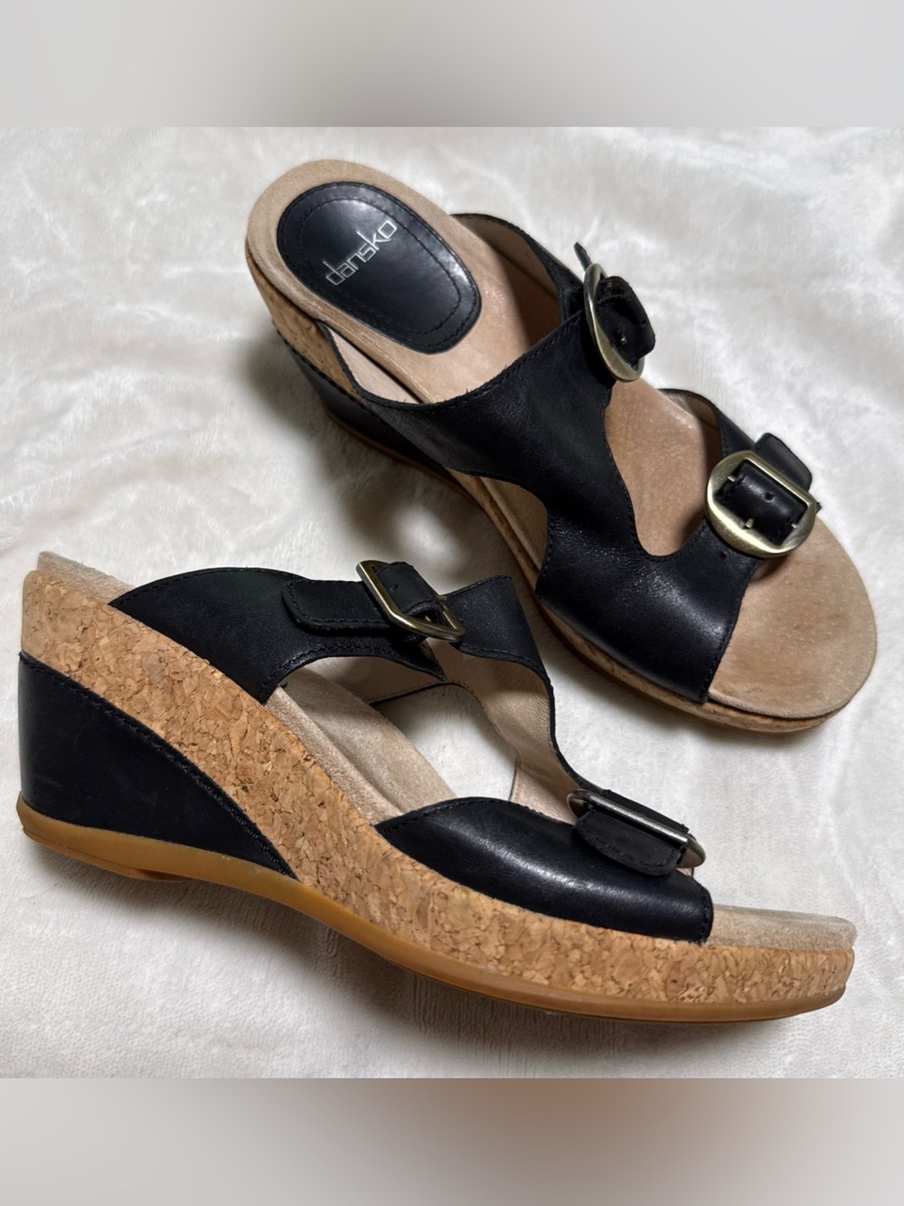 Dansko Carla Cork Wedge Sandals Leather Women Size 37 US 6.5/7 Black Adj Straps